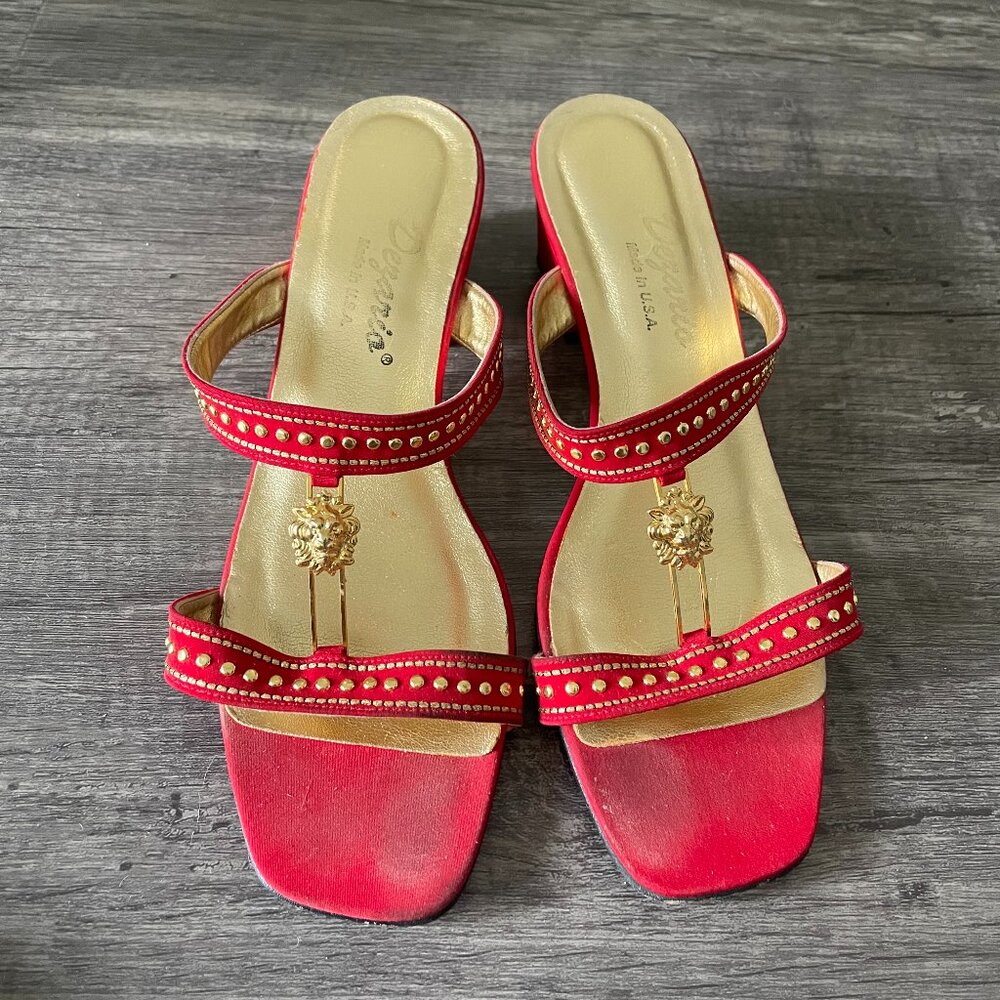 Vintage red and gold low heeled (2 inch) sandals